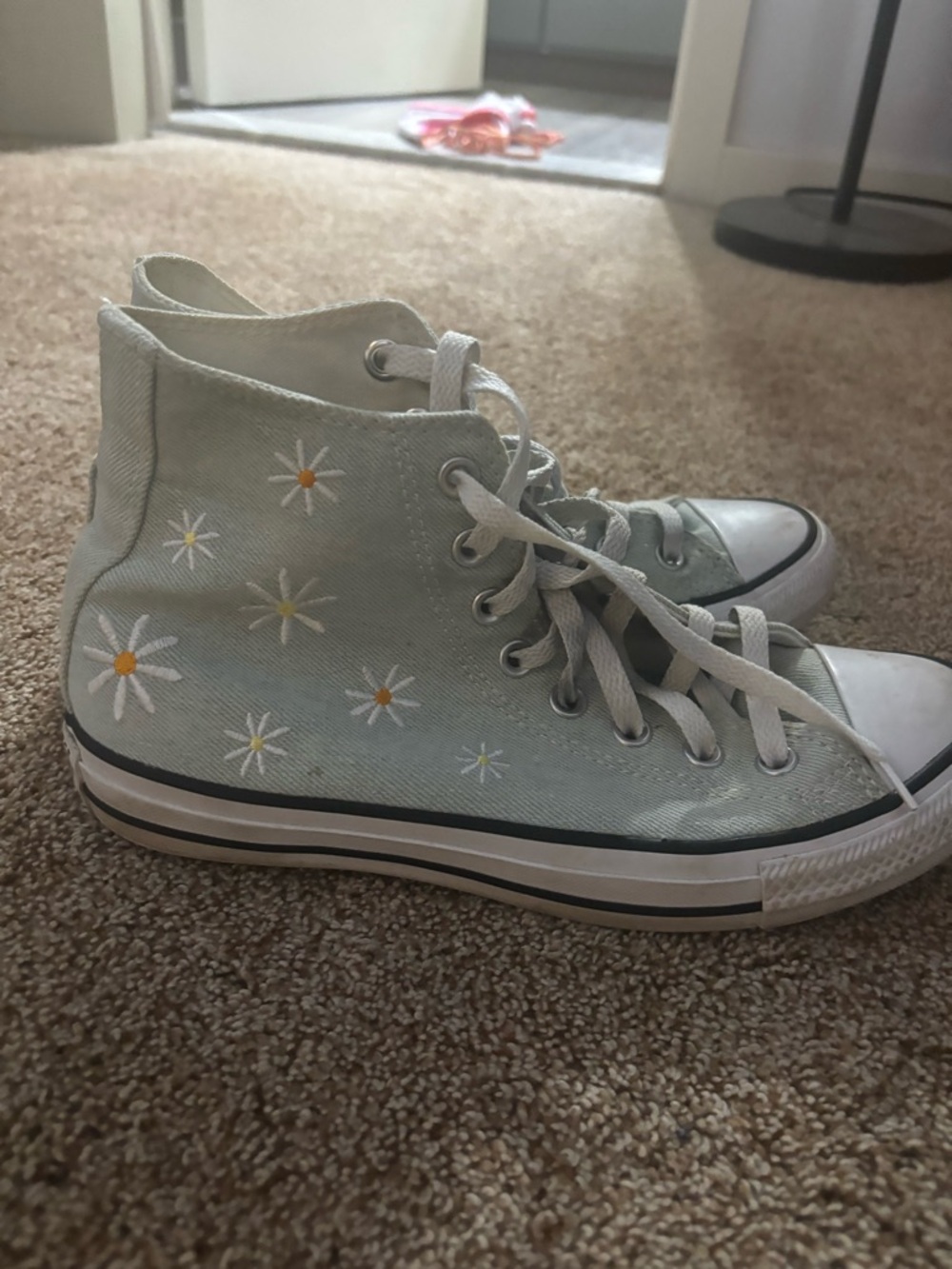 Light Blue High-Top Sneakers with Daisy Embroidery - Women's